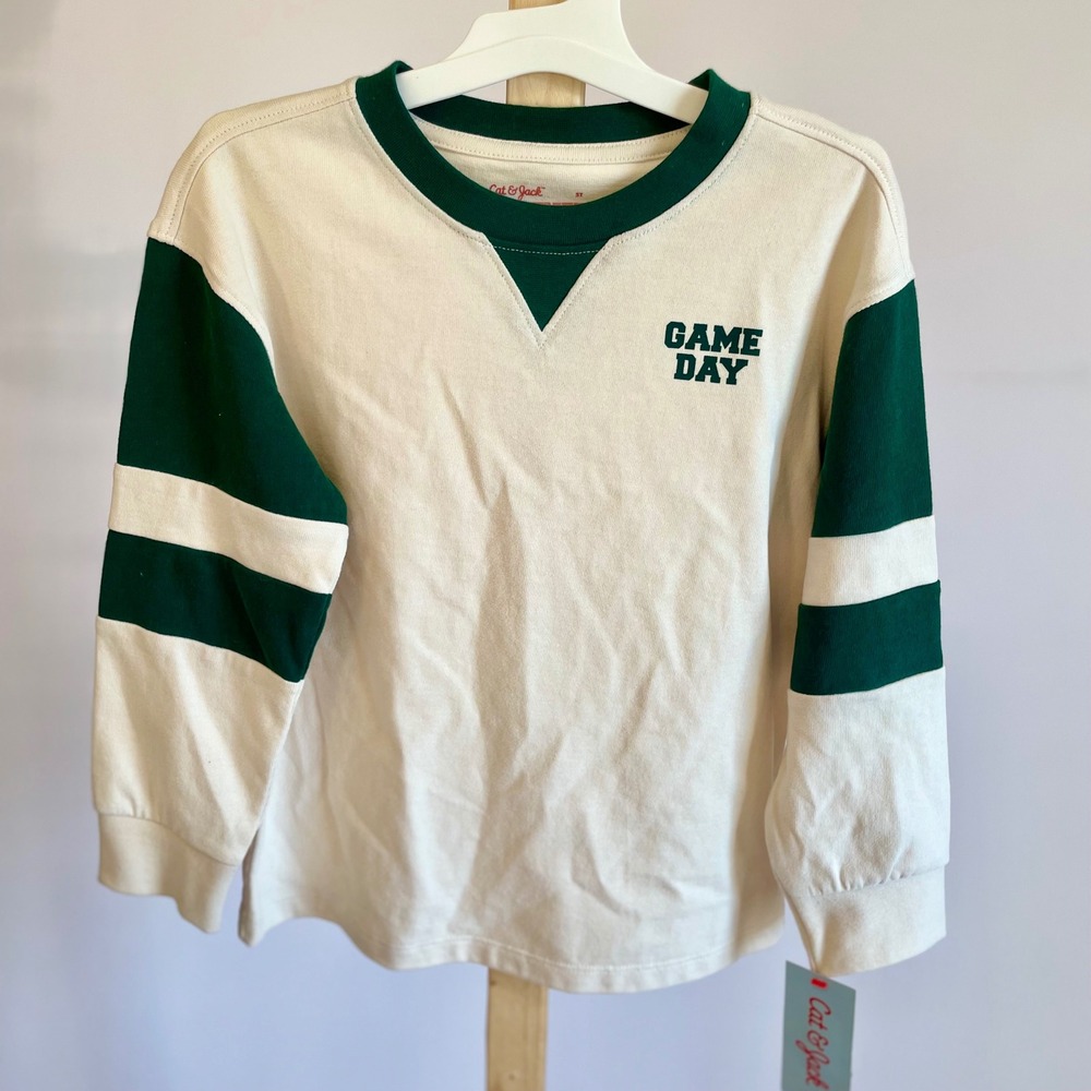 Cat & Jack Kids 5T Game Day Long Sleeve Jersey Shirt Cream Green Athletic Stripe